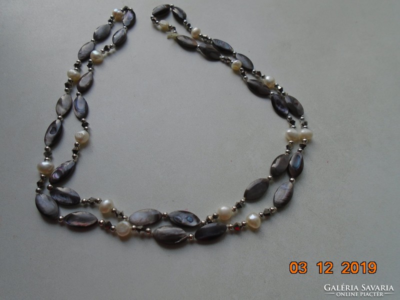 Long necklace with abalone, genuine pearls and silver-colored swarovski faceted pearls 92 cm
