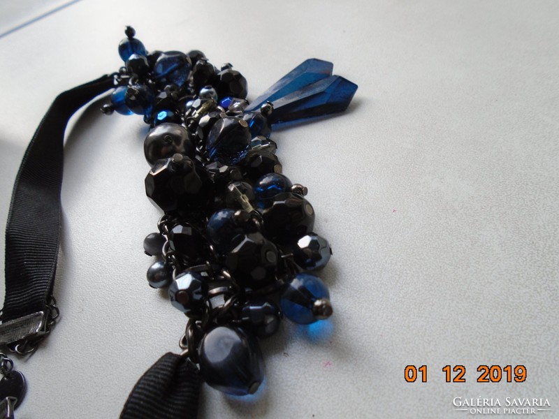 Wr william rosenberg design, black, dark blue, theatrical pearl necklace with chain mesh, clasp ribbon