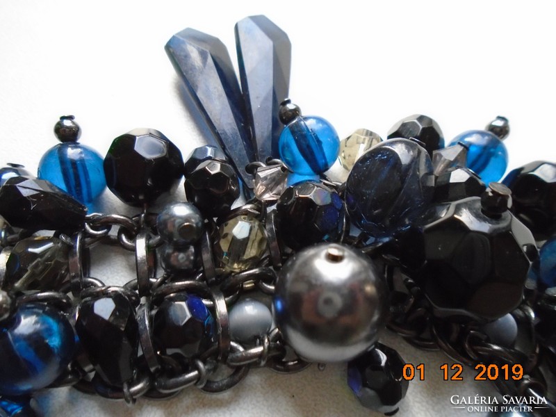 Wr william rosenberg design, black, dark blue, theatrical pearl necklace with chain mesh, clasp ribbon