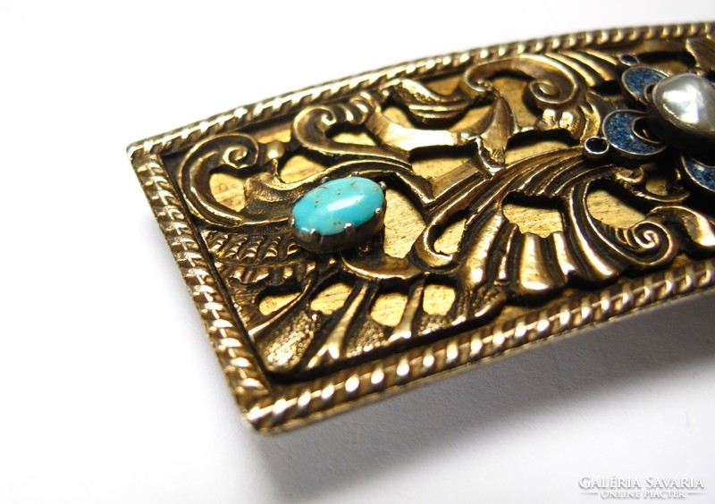Bámulatos antik aranyozott ezüst mentelánc darab kitűző igazgyönggyel,türkizzel!