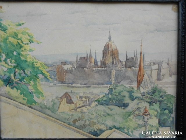 Budapest parliamentary view, cardboard watercolor. 1930s rare, original, flawless.Signed.