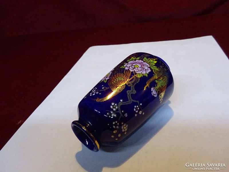 Kobalt kék kézzel festett, arany fácánt ábrázoló váza, 9,2 cm magas. Vanneki!