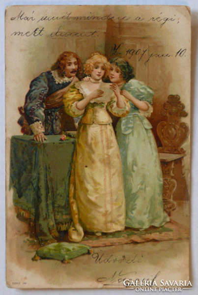 Üdvözlőlap, 1905 előtt (pb: 1907): barokk ruhás társaság
