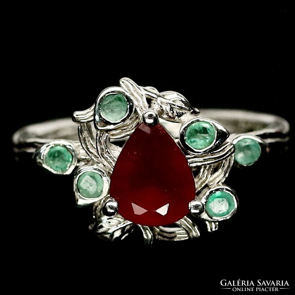 Beautiful natural blood red, ruby & emerald 925 silver ring 6.5/53/16.9