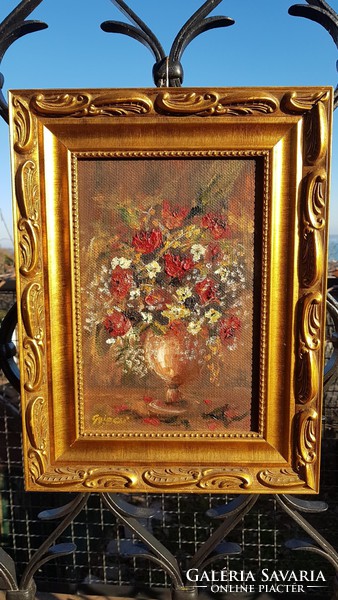 Gyimesisándor: poppy. Still life, oil, wood 20x30 cm, painting. Ornate picture frame