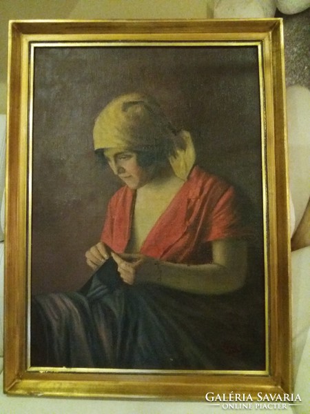 Glatter Ármin : "Varró nő piros ruhában" olaj vászon eredeti festmény
