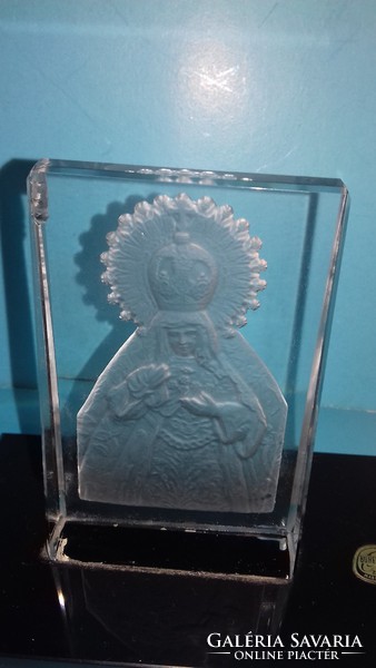 Antik régi üveg Bohemia kristály gyertyatartó szentképpel jelzett