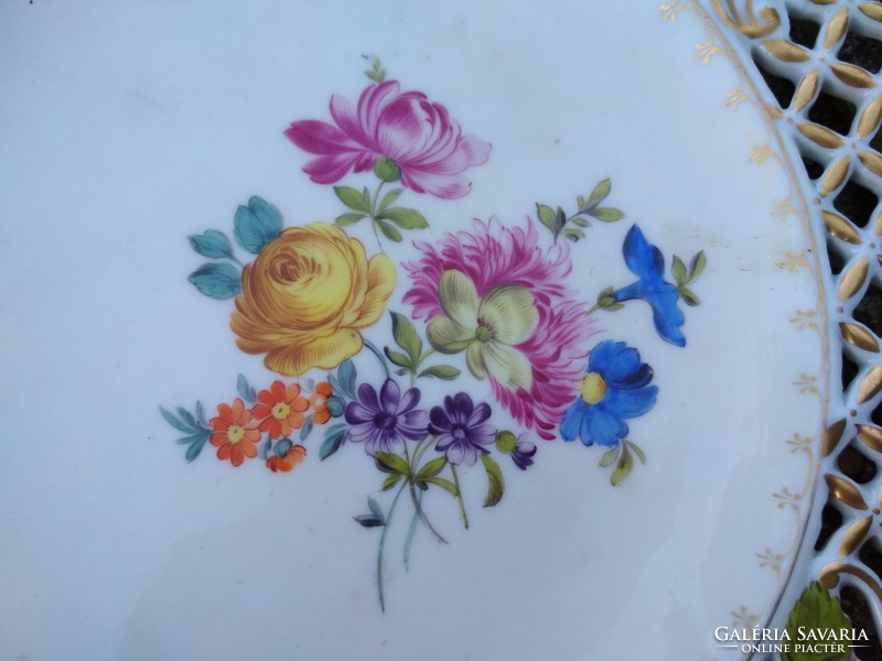 Old Herend plate 1906, with pierced edge, colorful floral decoration, flawless
