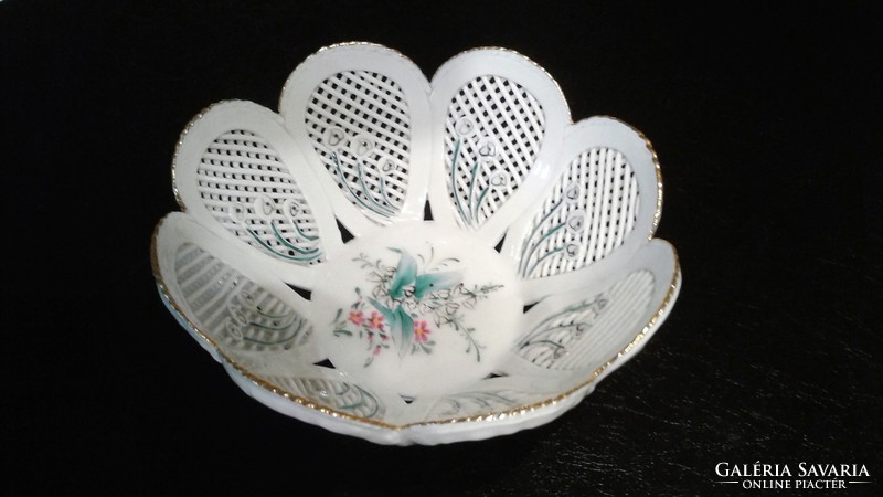 Openwork lace patterned porcelain bowl, basket, with a hand-painted flower motif. Marked
