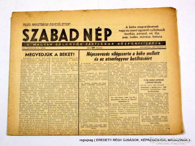 1950 április 20  /  SZABAD NÉP  /  Régi ÚJSÁGOK KÉPREGÉNYEK MAGAZINOK Szs.:  12436