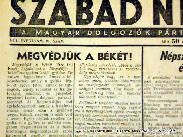 1950 április 20  /  SZABAD NÉP  /  Régi ÚJSÁGOK KÉPREGÉNYEK MAGAZINOK Szs.:  12436