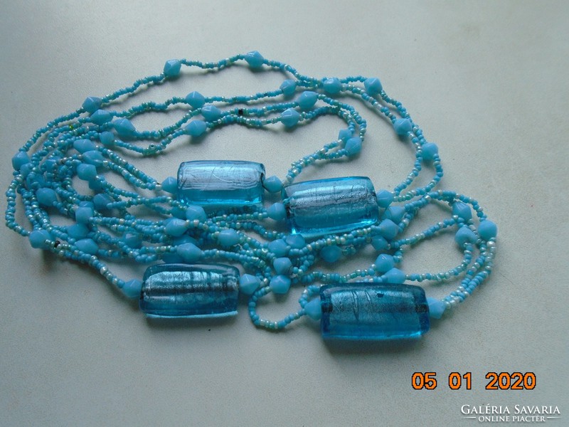 Murano 4 large silver plates with glass pearls, double row long turquoise necklace 280 cm
