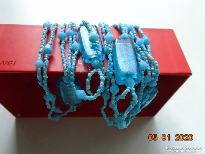 Murano 4 large silver plates with glass pearls, double row long turquoise necklace 280 cm