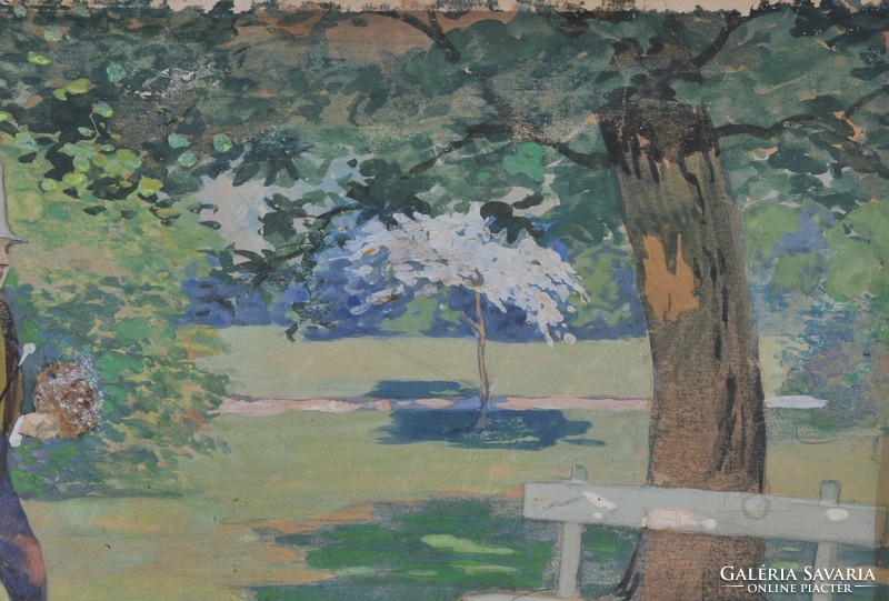 Faragó Géza(1877-1928): Fiatal pár a parkban, akvarell