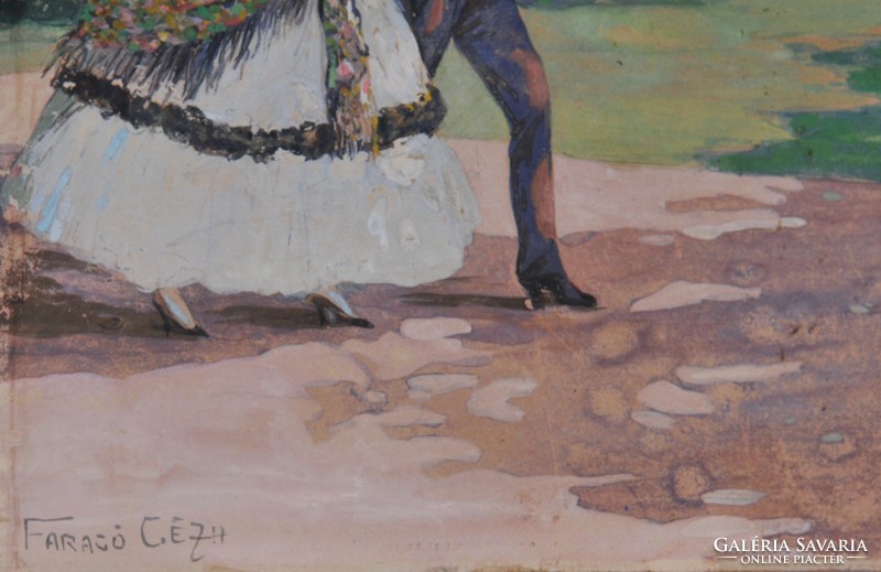 Geza Faragó (1877-1928): young couple in the park, watercolor