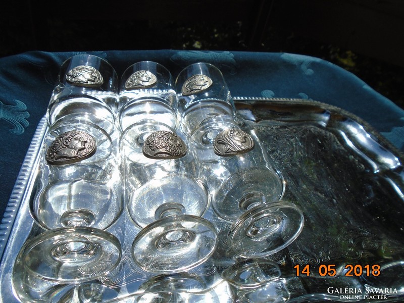 Antik ón érmék veretével talpas kristályüveg pohárkészlet Ratal Zinn Münzen 11 cm