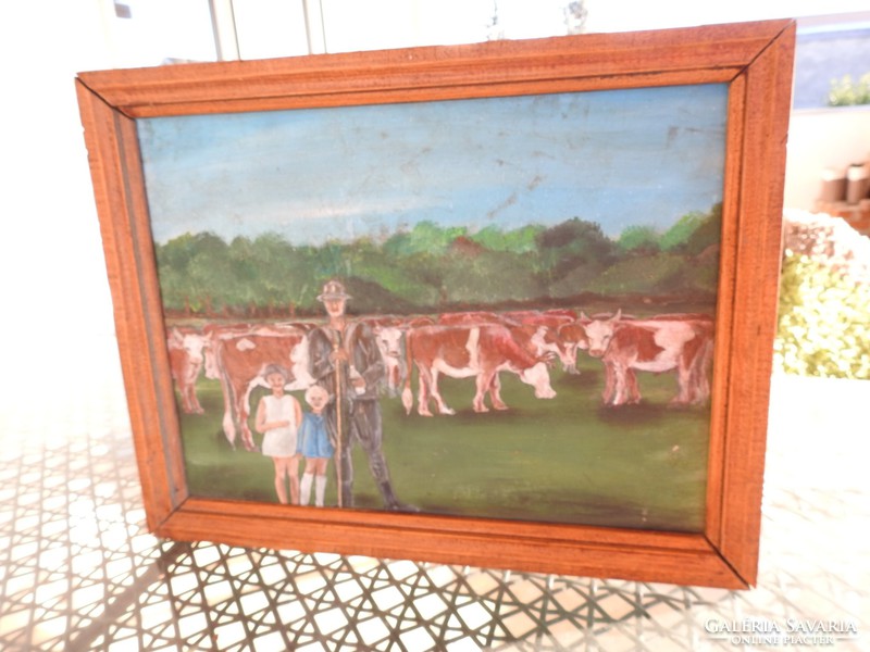 Paraszti  család - idilli festmény - életkép olaj /karton