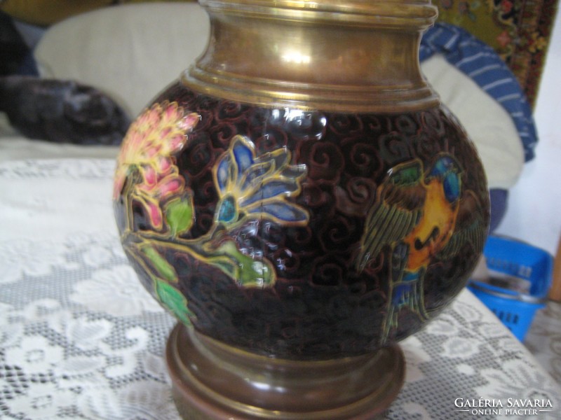 Antique majolica petroleum lamp, imposing, beautiful work of art 18 x 33 cm + cylinder