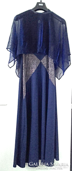 The holidays are coming! Evening dress, steel blue-gold insert, tulle cape, gloves reaching beyond the elbows