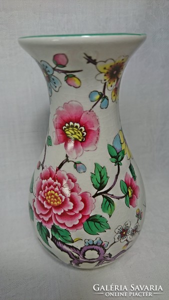 Old foley jemes kent ltd chienese rose beautiful patterned bird and flower vase with green rim