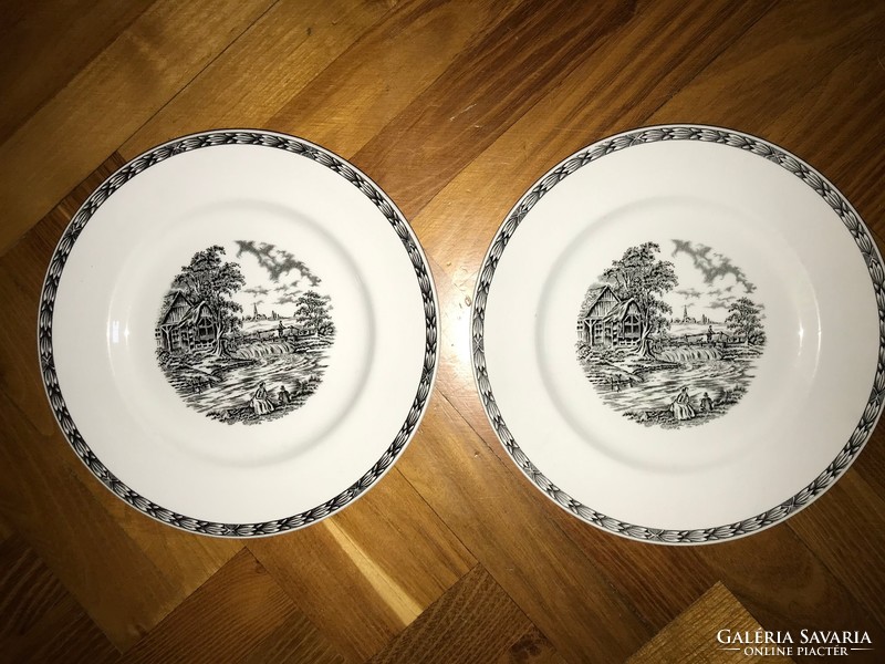 Angol porcelán tál tányér 2 db fekete mintás
