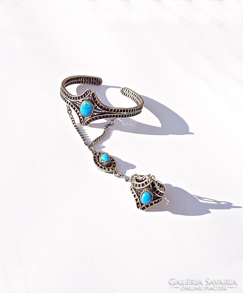 Filigree, turquoise stone bracelet, handmade jewelry, and adjustable size ring