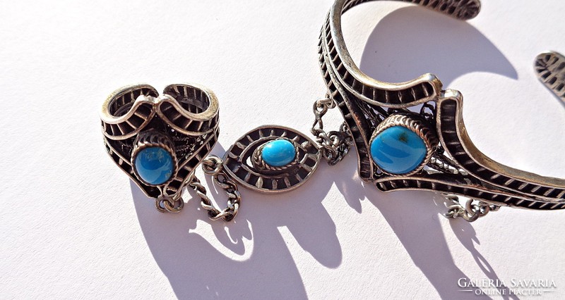 Filigree, turquoise stone bracelet, handmade jewelry, and adjustable size ring