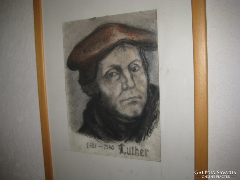 LUTHER  portré , színes grafika , szép natúr bükkfa rámában