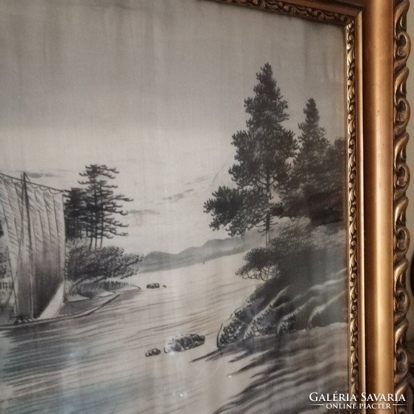 Kínai-Japán selyemre festett tus kép szép keretben.