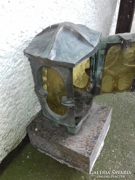 Antique pewter Art Nouveau candle holder, unique grave lamp, granite pedestal, very heavy piece