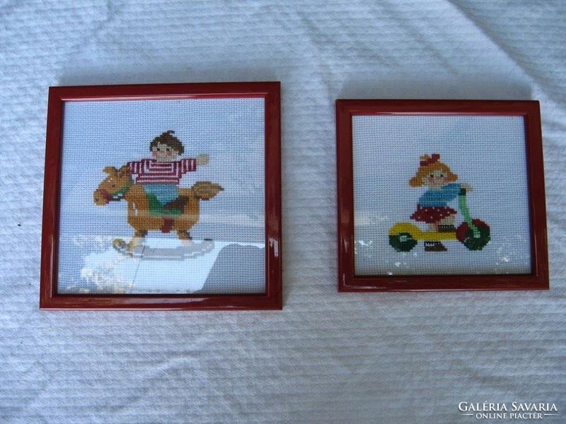 Picture - 2 !! - Hand embroidery - picture - wood - glass frame - large - 20 x 19 cm - 18 x 16 cm - perfect