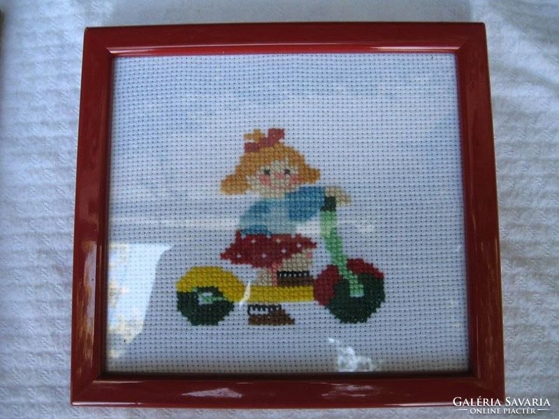 Picture - 2 !! - Hand embroidery - picture - wood - glass frame - large - 20 x 19 cm - 18 x 16 cm - perfect