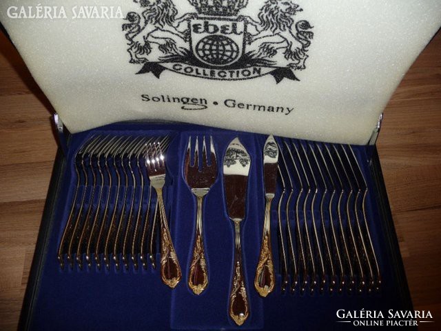 Extrém ritka! Antik evőeszköz+halas.Ebel Solingen Qualitäts Juwelier 96db.24 karátos szín aranyozot