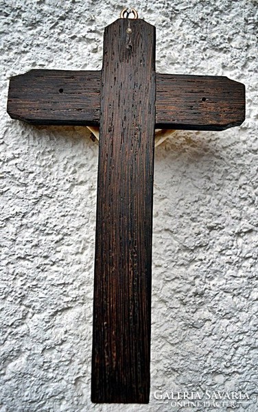 7. Antik, CSONT Jézus Krisztus (9cm), 22cm feszület, impozáns, trópusi fa kereszt, korpusz.