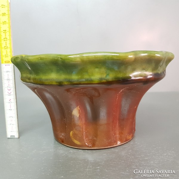 Hódmezővásárhely, green, yellow, brown glazed folk ceramic baking tin (995)