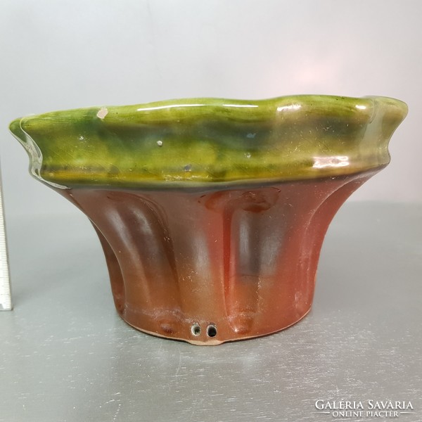 Hódmezővásárhely, green, yellow, brown glazed folk ceramic baking tin (995)
