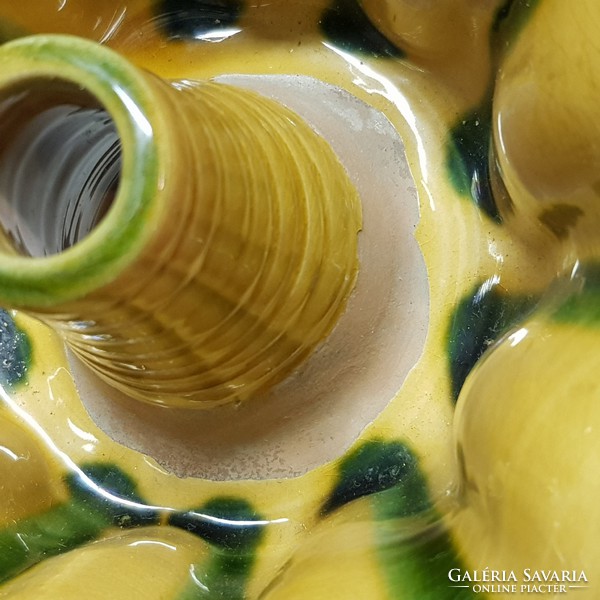Hódmezővásárhelyi, zöld, sárga, barna mázas népi kerámia kuglóf sütőforma (995)