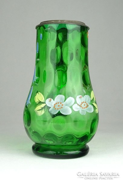 0Y500 Antik fújtüveg festett zöld korsó 14.5 cm