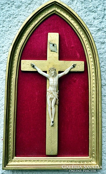 13. Antique, ivory Jesus Christ (8.7Cm), cross, corpus, crucifix, 25.5Cm frame!