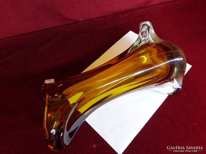 Bohemia blown Czechoslovak glass vase. 32 cm high, amber color, special shape. He has!