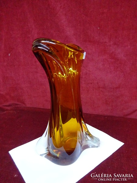 Bohemia blown Czechoslovak glass vase. 32 cm high, amber color, special shape. He has!