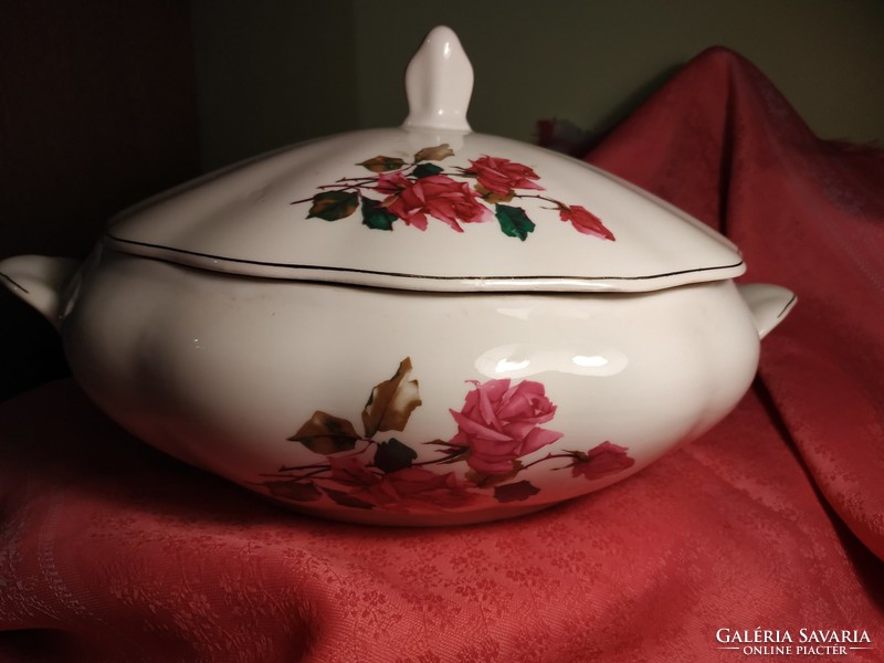 Meseszép rózsás porcelán leveses kínáló tál, asztalközép