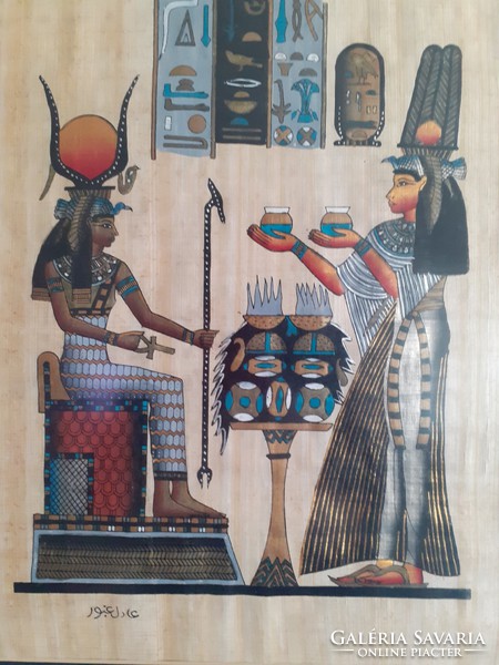 Signed Egyptian picture painted on papyrus