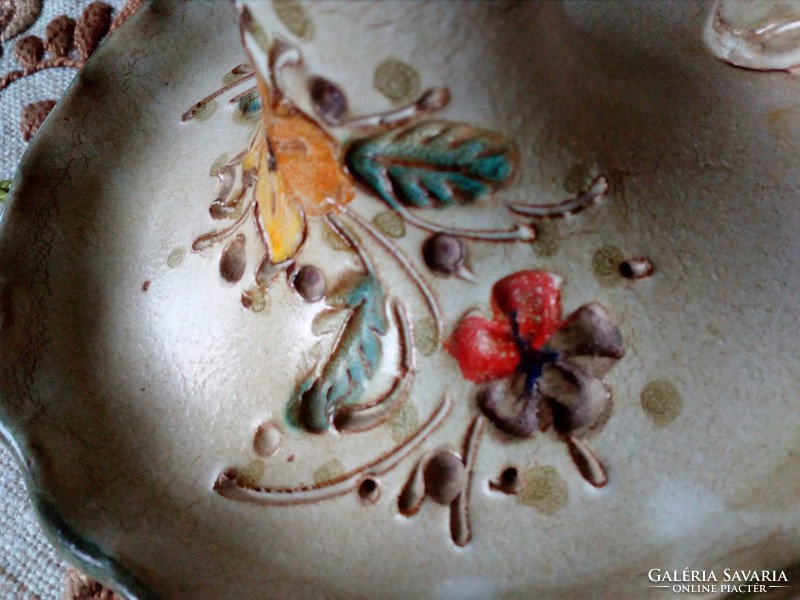 Vintage Kézzel festett olasz kerámia gyertyatartó,színes karcolt virág csokorral