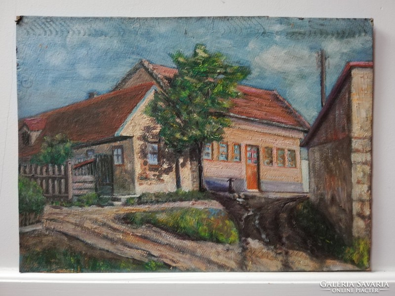 XX.sz. magyar festő Pajor Ferenc: falusi utca részlet olaj karton keret nélkül 1960 körül