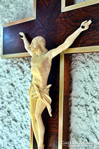 IBI. 16. Antik, CSONT Jézus Krisztus (14cm), 35cm feszület, impozáns, aprólékos, kereszt, korpusz