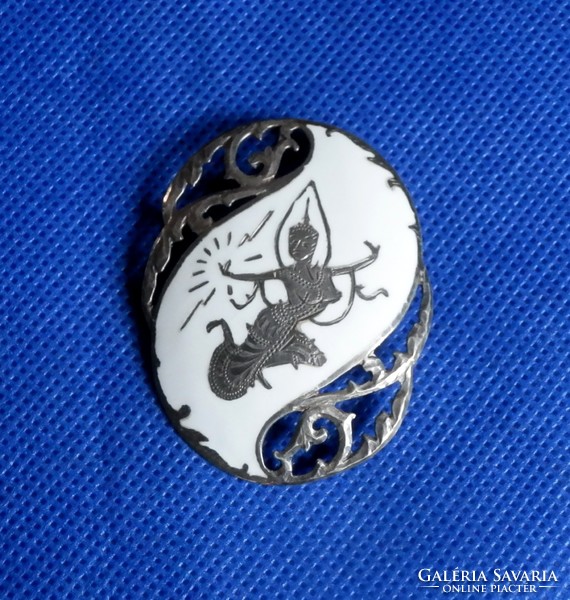 Silver antique white siamese fire enamel pendant badge