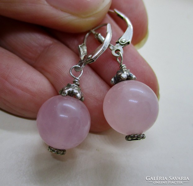 Beautiful modern silver earrings with rose quartz spheres
