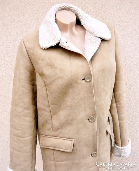 Fehér polár szőrmével bélelt női irha kabát L 42-44