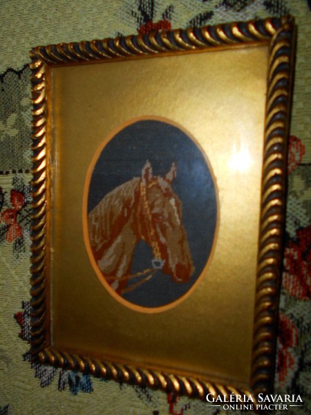 -Antique needle tapestry horse portrait (very tiny hand tapestry) framed by beautiful craft work